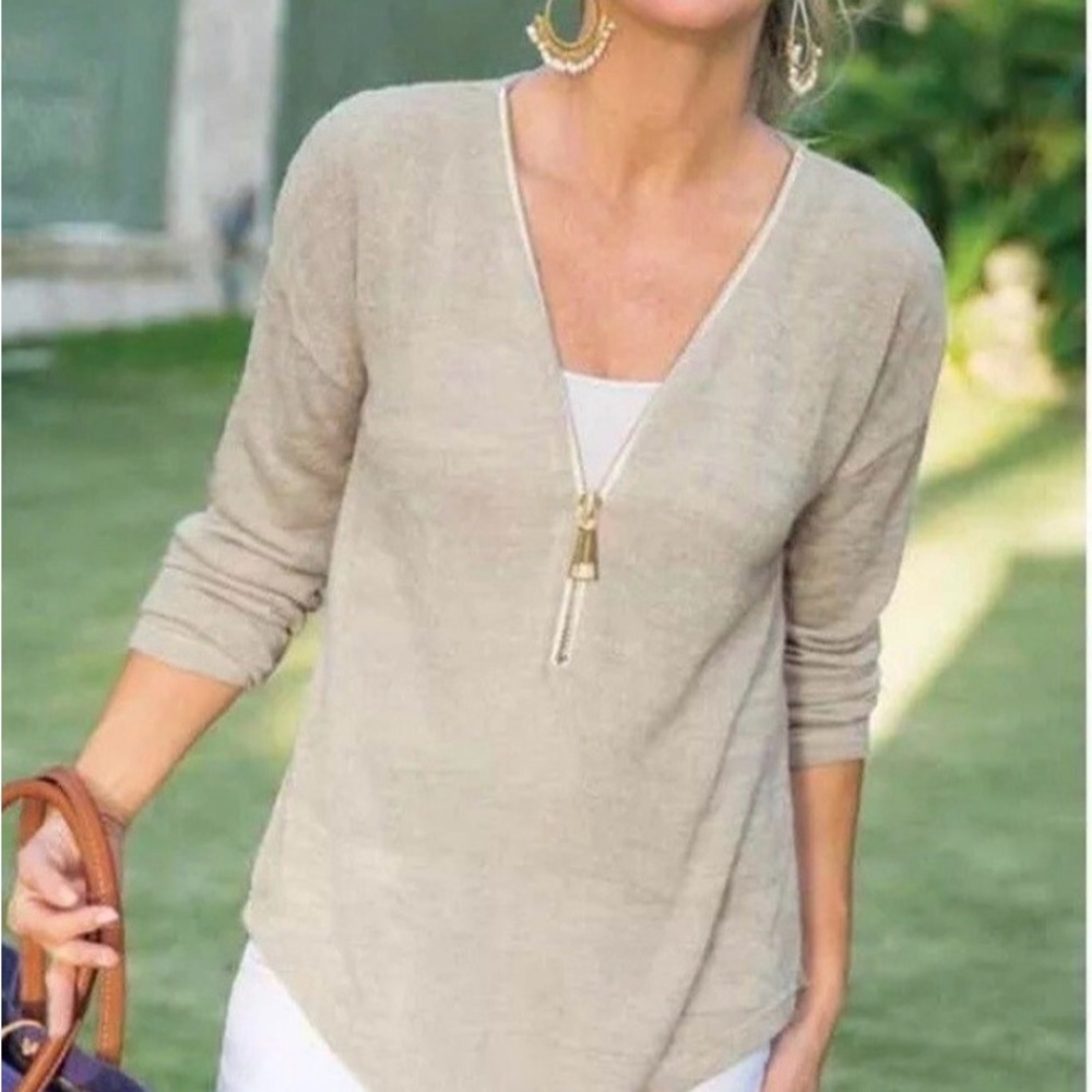 Soft Surroundings Valentina Zip Long sleeve‎ Pullover Sweater Beige V-Neck 1X